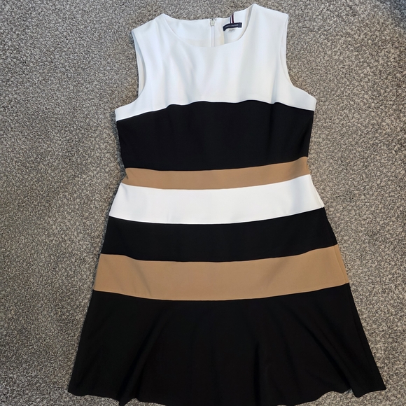 Tommy Hilfiger Sleeveless Striped Fit-and-Flare Dress in Black, White & Beige - Picture 2 of 2